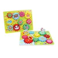 Kids' wooden spelling puzzle with gears and building blocks for fun and educational desktop play.