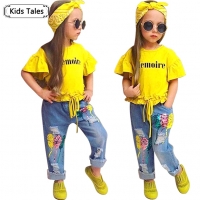 Cute 3-Piece Girls' Fashion Set in 2023 Style: T-Shirt, Pants, and Headband.