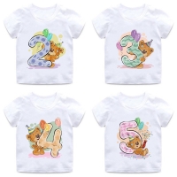 Boys/Girls Birthday Bear Number 1-9 Bow Print T shirt Baby Cartoon Winnie Funny T-shirt Kids Birthday Present Clothes,HKP5237