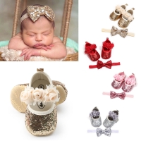 2pcs Baby Sequined Floral Crib Shoes with Heel Hook & Headband - Summer Style