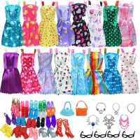 32 Item/Set Doll Accessories=10 Mix Fashion Cute Dress+ 4 Glasses+ 6 Necklaces+2 Handbag+ 10 Shoes Dress Clothes For Barbie Doll