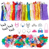 35 Item/Set Doll Accessories = 10 Pcs Doll Dress + 6 Necklace 4 Glasses 3 Crowns 2 Handbags + 10 Shoes Clothes for Barbie Doll