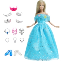 14 Pcs / Lot = 1x Fairy Tale Doll Dress + 13x Random Accessories Shoes Handbag Glasses Clothes for Barbie Doll Girl Baby Toys