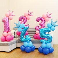 Happy Birthday Decoration Set with Cute Cartoon Hats, Number Foil Balloons, and Kids' Balloons.