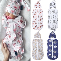 Baby Sleeping Bags Newborn Baby Cotton Zipper Swaddle Blanket Wrap Sleeping Bag +Hat 2pcs Size 0-6M
