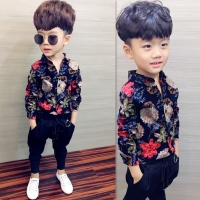 Boys shirt children's clothing new 2022 spring and autumn long-sleeved shirt cotton lattice sanded shirt printed baby clothes