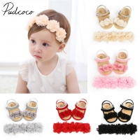 2019 Baby Summer Clothing Newborn Kid Baby Girl Flower Sandals Shoes Soft Sole Hook Casual Summer Shoes +Headband 2Pcs Solid Set