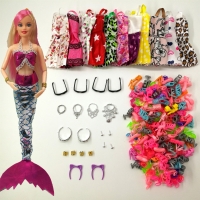 33-Piece Doll Accessory Set: 8 Shoes, 8 Doll Dresses, 4 Necklaces, 4 Glasses, 1 Mermaid Tail Dress for Barbie Dolls.