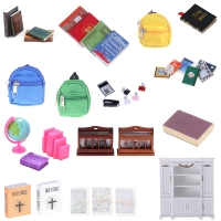 Miniature Dollhouse Bookshelf with Backpack, Notebook, Books, Papers, Calculator, Clamp, Model and Learning Accessories for Kids Toys