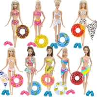 1x Doll Swimwear Beach Bathing Clothes Lovely Bikini Swimsuit + Random 1x Swimming Buoy Lifebelt Ring for Barbie Doll Baby Toys