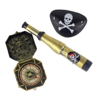 Kids' Pirate Party Supplies - 3-Piece Set with Plastic Eye Patch, Skull Dress-Up Prop, Compass & Mini Telescope for Halloween
