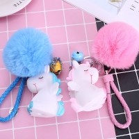 Plush Unicorn Keychain with Fluffy Ball and Bell - Cute Girl's Bag Accessory (WJ236)
