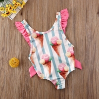 Baby Girl Striped Swimsuit with Lace Detail and O-Neckline