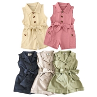 Solid Color Baby Girl Romper with Turn-Down Collar and Overalls