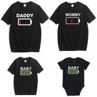Matching Family Battery Funny T-shirts for Dad, Mom, Baby Boy, and Girl.