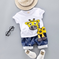 Toddler Clothing Set for Boys Handsome Summer Casual Boutique Set Giraffe Print Top Blue Shorts Suits Kids Outfits for 1-4 Years
