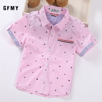 Solid Cotton Short-Sleeved Boys Shirts for Ages 2-14 with Ribbon Decoration