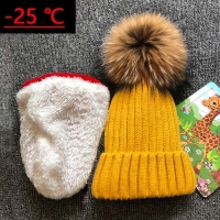 2022 Children Real Raccoon Fur Ball hats Plus velvet Winter Hat Cap For Kids Boy Girl Warm Fur Pom Poms Ski Hat Fur Pompoms Hat