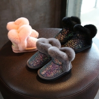Girls' Rabbit Fur Snow Boots - Genuine Leather with Sequins and Cotton Padding