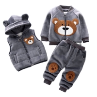 Autumn Winter Baby Boys Clothes Sets Thick Fleece Cartoon Bear Jacket Vest Pants 3Pcs Cotton Sport Suit For Girls Warm Outfits