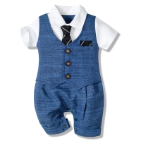 Baby Boy Clothes Summer Cotton Formal Romper Gentleman Tie Outfit Newborn One-Piece Clothing Handsome Button Jumpsuit Party Suit
