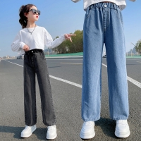 2022 Casual Style Jeans For Girl Teenage Clothes Elastic High Waist Denim Wide Leg Pants Spring Big Kids Straight Trousers 5-14Y