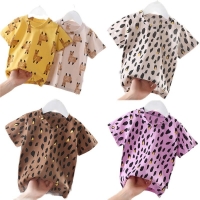Children's leopard print cotton short-sleeved T-shirt summer new style boy girl baby fashion trend top P4220