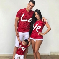 family matching clothes mother father daughter son kids baby T-shirt Parent-child Red Letter Print T-shirt Short Sleeve Tops