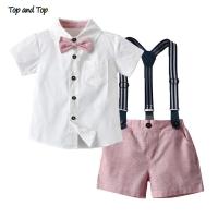 Top and Top Summer Kids Baby Boy Formal Suit Short Sleeve with Shirt+Suspender Pants Casual Clothes Outfit Gentleman Set 2PCS