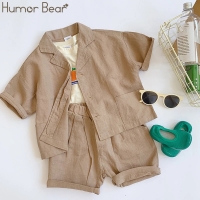 Humor Bear  Japanese Korean Style Boys Cotton Linen Clothing Sets Kids All-Match Single-Breasted Shirt+Shorts 2Pcs Suits