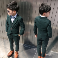 Boys Dark Green Formal Wedding Party Suit Children Blazer Vest Pants Tie 4 PCS Tuxedo Kids Performance Photography Dress Costume