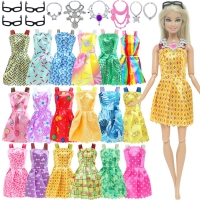 20 Pcs/Lot = Random 10x Mixed Style Mini Dress + 6x Plastic Necklaces + 4x Black Glasses Clothes for Barbie Doll Accessories Toy