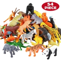 54 Pcs Mini Jungle Animal Toys Set  Realistic Wild Plastic Animals Learning Toys Elephant Gazelle Giraffe Gnu Gorilla Lion Tiger