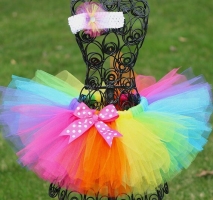 Rainbow Color Girls Tutu Skirts Baby Handmade Tulle Pettiskirt with Dots Bow and Flower Headband Kids Ballet Dance Tutus Clothes