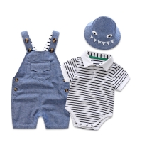 Newborn Baby Clothing for Boys Summer Suit Set Cotton Hat + Striped Romper + Blue Overall 3PCS Casual Children Outfit Soft Dress