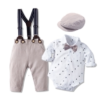 Baby Boy Gentleman Romper Clothes Set with Bow Hat Cotton Spring Fall Toddler Kids Printed Bodysuit Dress Infant Outfit Suit