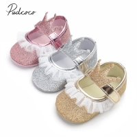 2019 Brand New Newborn Infant Baby Girl Princess Lace Crown Shoes Sequined Cotton Soft Sole Crib Prewalker Shoes First Walkers