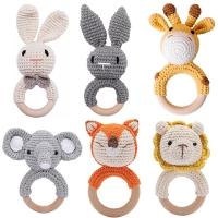 1Pc Baby Rattle Toys Wooden Teether Crochet Pattern Rattle Rabbit Lion Fox BearToy Newborn Gift Baby Teether Crochet Custom Name
