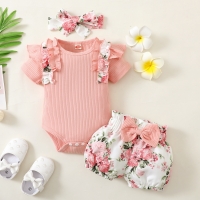 Fashion Summer Newborn Baby Girl Clothes Set Short Sleeve Ruffle Romper Tops Floral Print Shorts Headband Infant 3Pcs Outfits