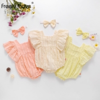 Freely Move 2Pcs Korean Lace Ruffle Cute Baby Romper With Hat Set Infant Sleeveless Jumpsuit Toddler Baby Girl Sweet Clothes