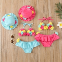 3Pcs Girls Bikini Sets Baby Swimwear Halter Flower Bra + Ruffle Skirt + Sun Caps Toddler Bathing Suit Infant Beachwear 0-24M