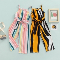 Girls Casual Bandage Sleeveless Suspender Jumpsuit Summer Fashion Stripe Printing Overalls Long Pants Children's Clothing