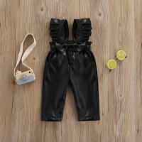 Fashion Girl Leather Suspender Trousers Children Baby Solid Suspender Pants Toddler Bowknot Ruffle Overall Kids Outwear