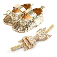 Sequins Baby Girls Shoes Leather Toddler Baby First Walkers Sets Headband Bow-knot Soft Sole Hook Loop Bling Shoes