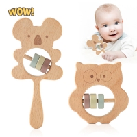 Wooden Animal Hand Rattles with Teething Ring - Montessori Baby Play Gym Toys in Koala and Owl Shapes for Birthday Gifts.