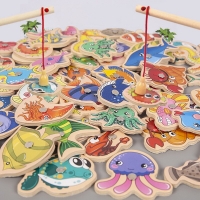 Baby Magnetic Fishing Game - Set of 15 Wooden Marine Life Toys for Cognitive Development and Parent-Child Interaction.