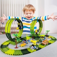 139-Piece Dinosaur Track Toy Set with Flexible Race Track and Cars for Boys' Gift, Featuring a Climbing Dinosaur and Dinosaur World Theme.
