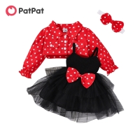 PatPat Dresses Party Dress Baby Girl Clothes 100% Cotton Long-sleeve Infant Jacket and Rib Knit Mesh Cami 3pcs Set
