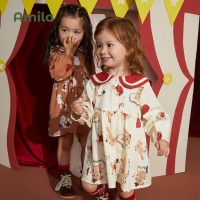 Amila Baby Dress 2023 Spring New Academic Style Long Sleeves A-line Dresses for Girls Cute Cartoon Print Childrens Clothes