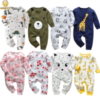 Cotton Printed Romper Pajamas for Newborns with Comfy O-Neck and Long Sleeves